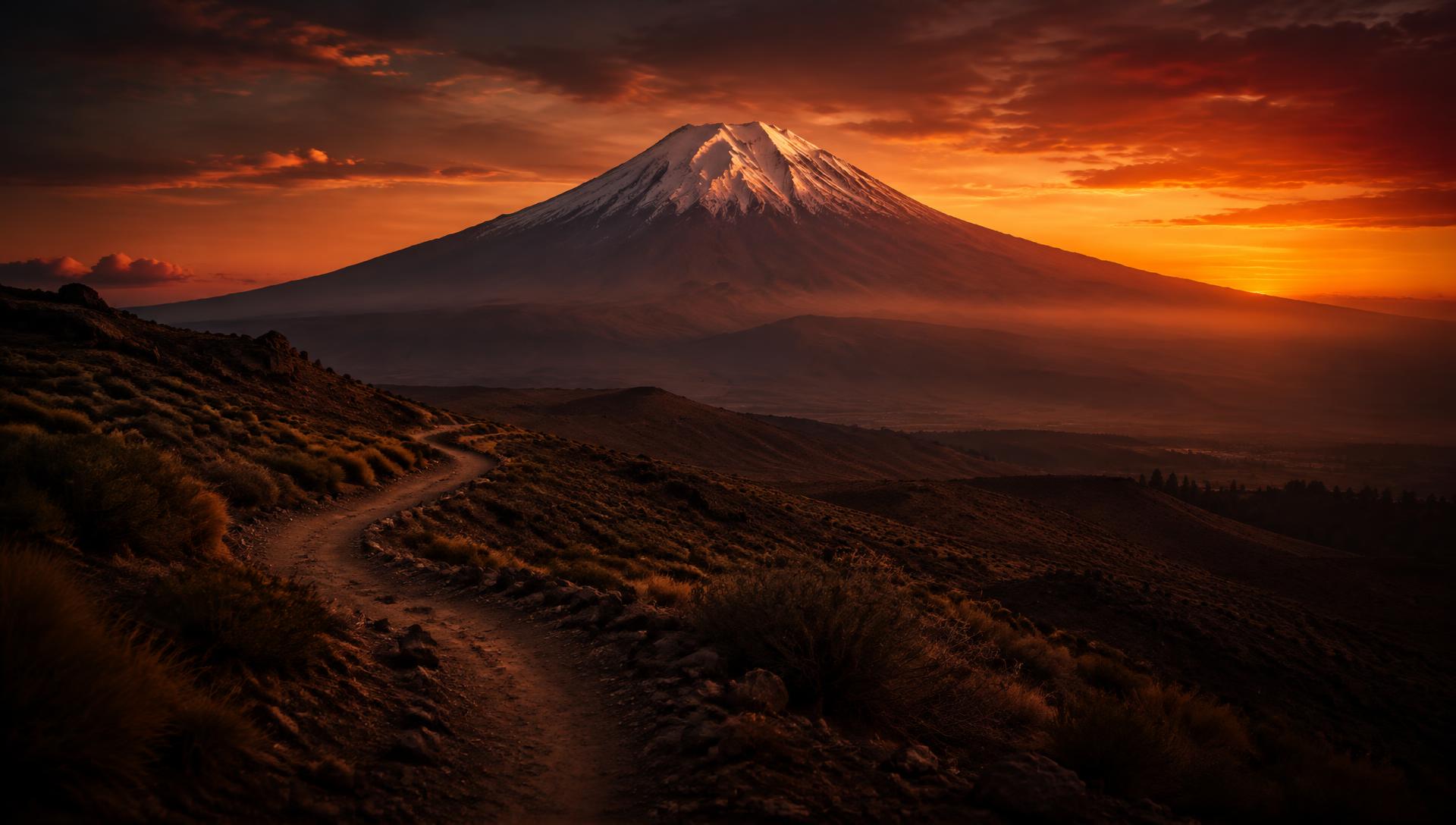 Snow-capped Peruvian volcano at sunset